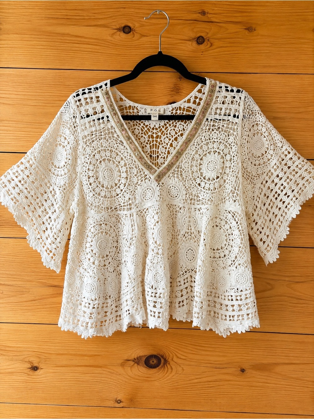 POL Ivory Crochet Lace Beaded Boho Top One Size Festival.